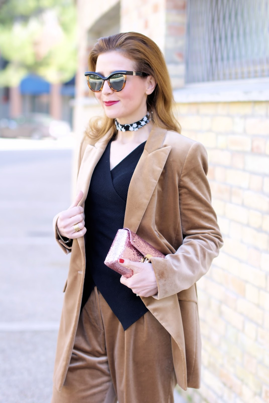 Max Mara velvet suit and RYinNYC lace choker on Fashion and Cookies fashion blog, fashion blogger style