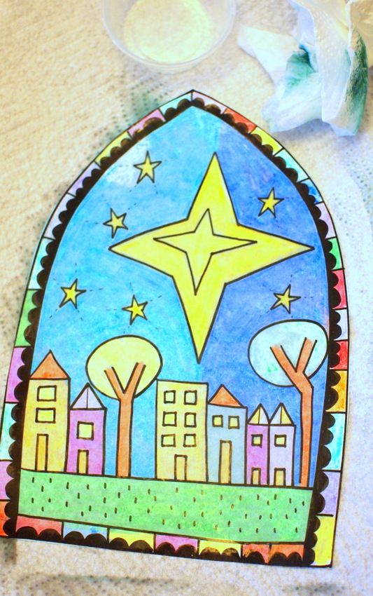 Free Stained Glass Coloring Sheet Craft- Print out design, color it in, turn it into stained glass! Great Christmas Craft