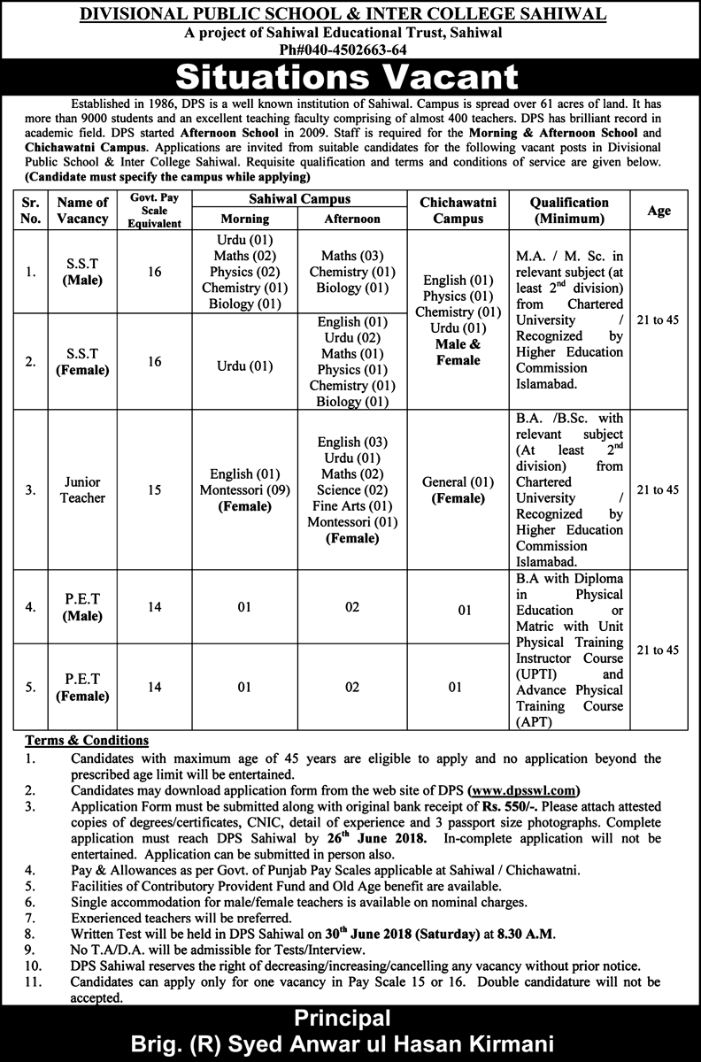 DPS Sahiwal Jobs dps sahiwal jobs application form