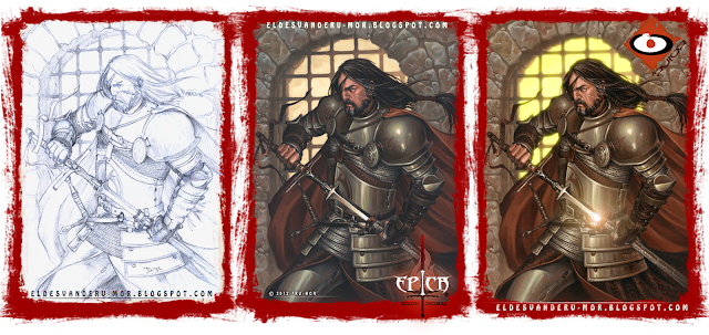 Proceso de ilustración hecha por ªRU-MOR de personaje Oda para ÉPICA: Edades Oscuras, juego de cartas de fantasía medieval y rol