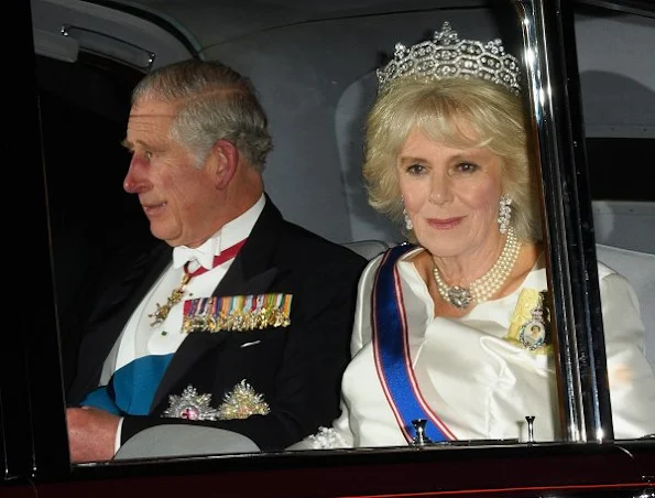 Duchess Catherine Kate Middleton wore Jenny Packham sparkling cap-sleeve for Diplomatic Corps dinner. Diamond Tiara, Diamond earrings