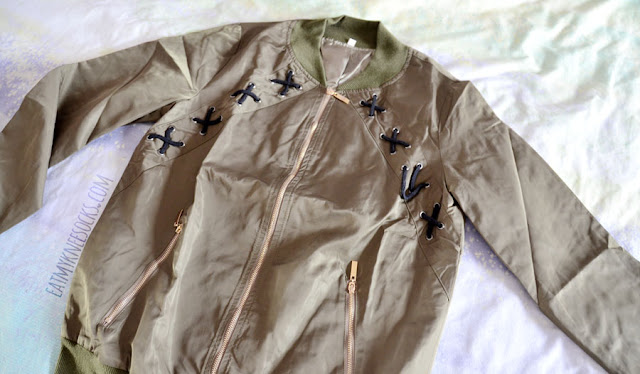 SheIn Fashion Review: Jacket/Coat Haul! Army green edgy lace-up criss-cross tied longline bomber jacket from SheIn, worn with a black leatherette faux leather suspender skater dress.