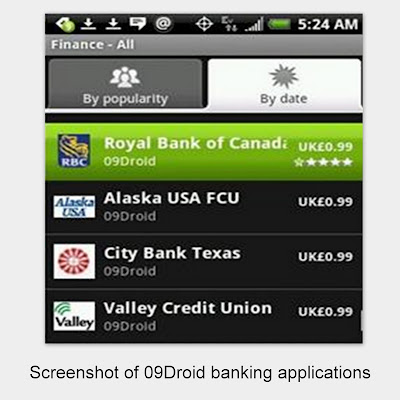 Figure 2. Screenshot of 09Droid banking applications with price information uploaded to Android App market.