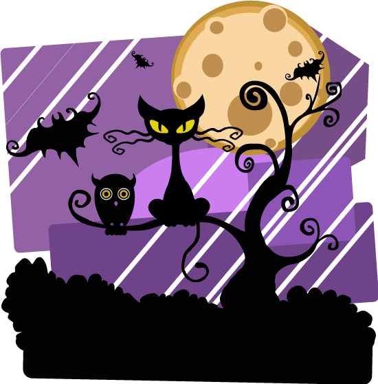 Noche de Halloween con gato ciniestro y lechuza
