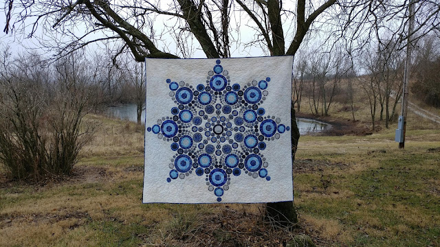 Flurry quilt pattern by Slice of Pi Quilts; Modern snowflake quilt using Island Batik Alpine Ice fabrics