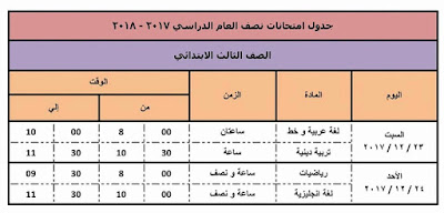 جدول امتحانات دمياط 2023 نصف العام الصف الثالث الابتدائي