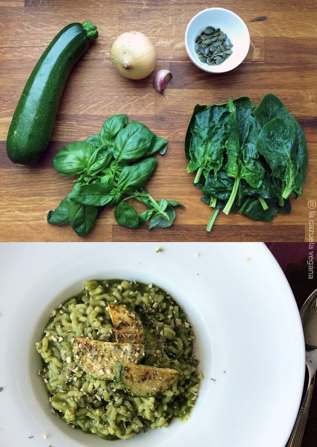 Risotto vegano de espinacas, albahaca y calabacín