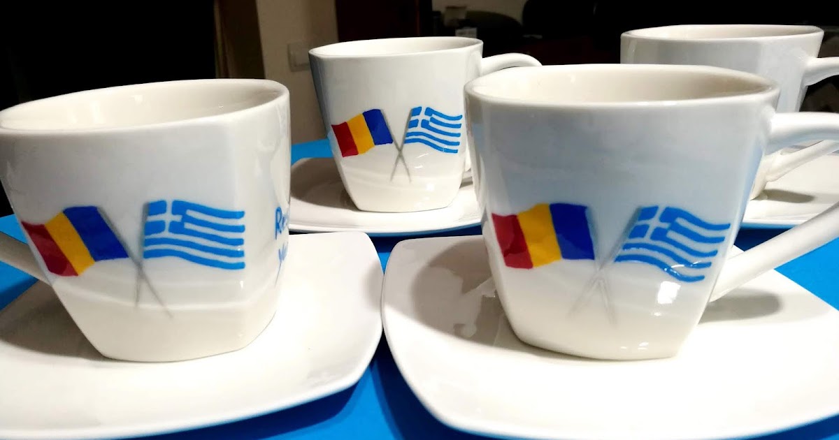 Handmade By Do Coffee cups hand painted with Greek and Romanian flag