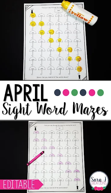 April sight word mazes make the perfect printable practice activities for reviewing sight words in April.  Spring rain theme but editable to practice the words you want.
