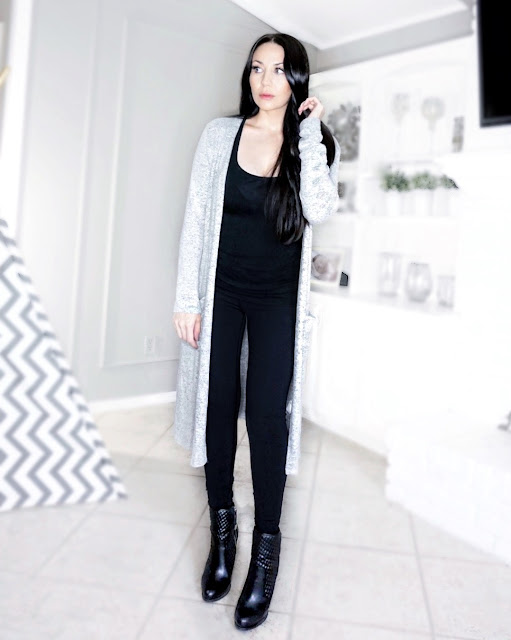 Comfy cozy long grey knit cardigan, paired with chic faux leather booties for fall or winter www.MalenaHaas.com 