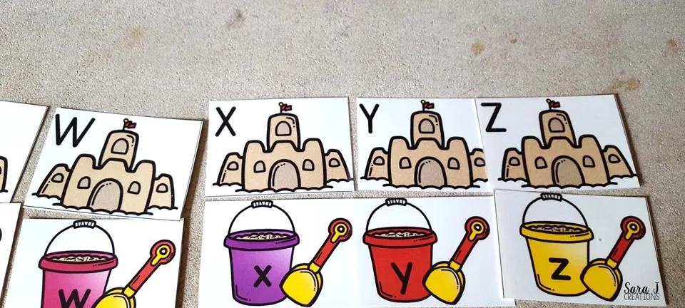 Free printable upper and lowercase letter match cards with a cute sandcastle theme.  Perfect activity for preschoolers and kindergartners to work on matching and sequencing!