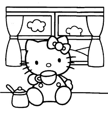 Hello Kitty dibujo para colorear bebiendo te Hello Kitty dibujo para colorear bebiendo te