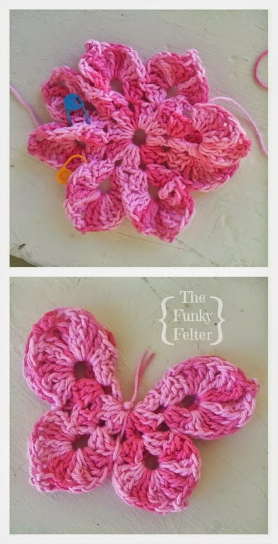 pink crocheted butterfly handmade by the funky felter
