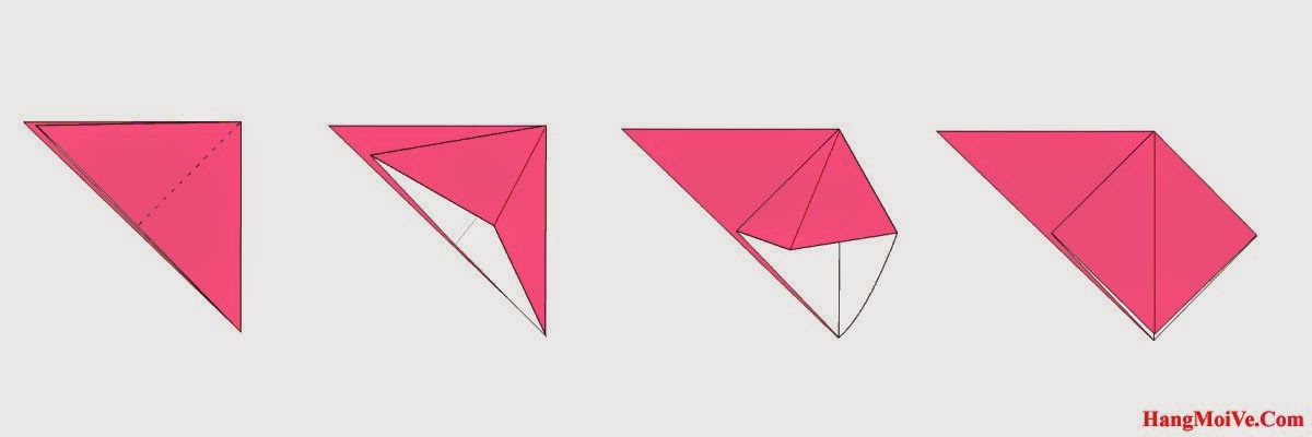 Bước 3: Mở lớp giấy trên cùng từ trong ra ngoài, cách làm giống hình 2, 3 ta được một hình như hình thứ 4.