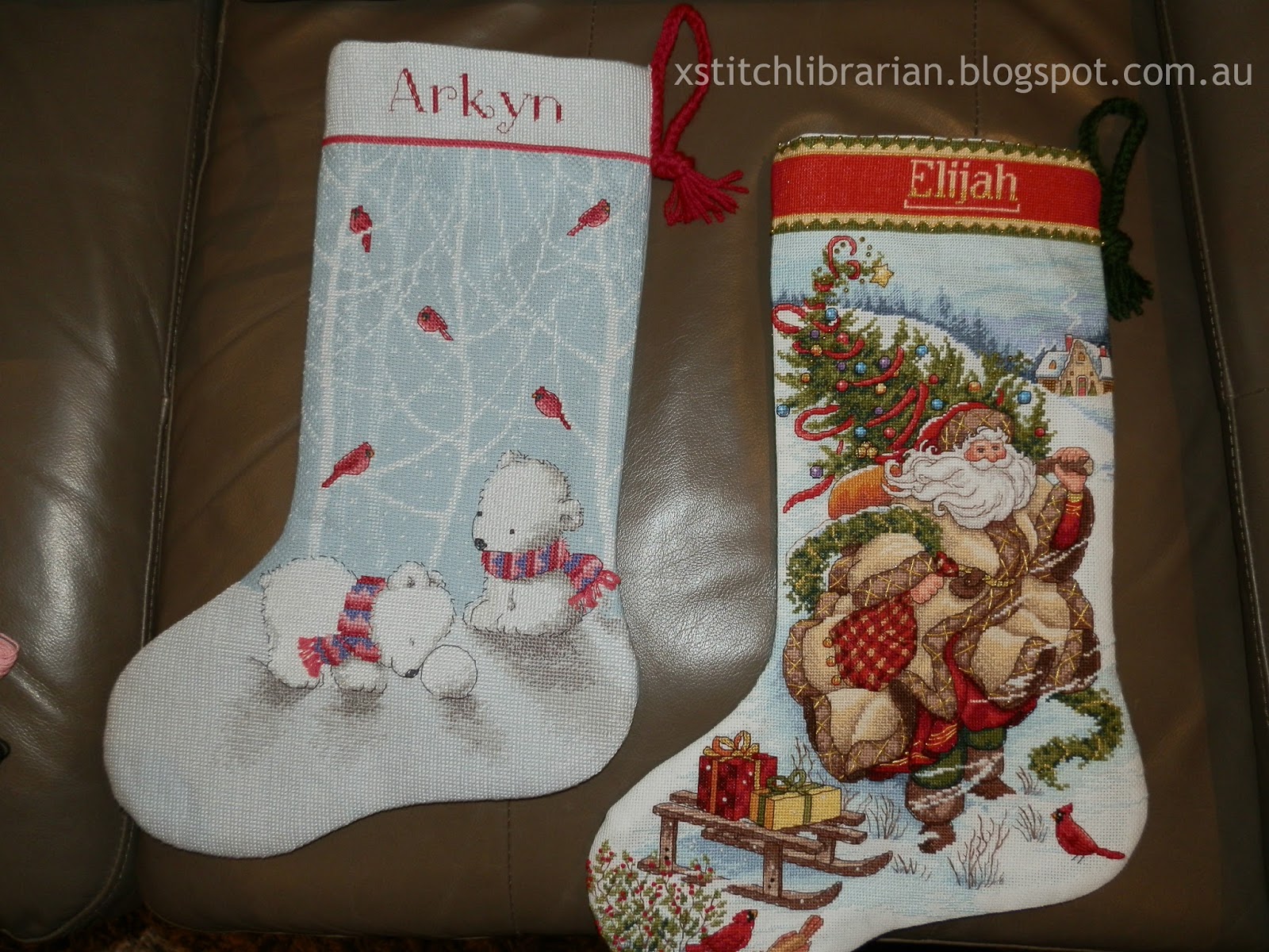 they are both beautifully lined and so they can be used when hanging on the mantle the snow bears stocking has a pale blue with white polka dots which - Cross Stitch Christmas Stockings they are both beautifully lined and so they can be used when hanging on the mantle the snow bears stocking has a pale blue with white polka dots which - Cross Stitch Christmas Stockings