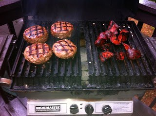 2 zone grilling beets and hamburgers on Broilmaster grill