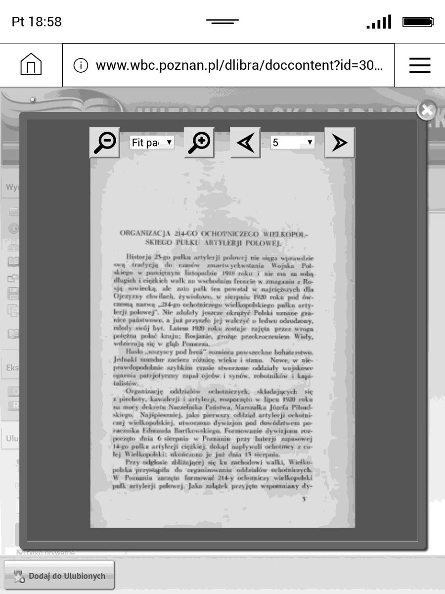 Przeglądarka internetowa w PocketBook InkPad 3 – otwarta książka z Wielkopolskiej Bibliteki Cyfrowej