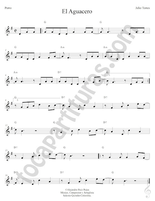 El Aguacero Porro de Julio Torres Partitura Fácil con Acordes El Aguacero Easy Sheet Music with Chords SHEET MUSIC FOR TREBLE CLEF