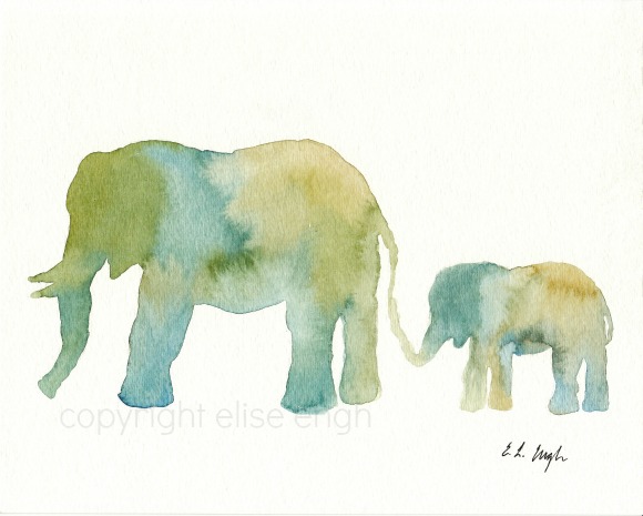 Mom and Baby Elephant Watercolor Painting