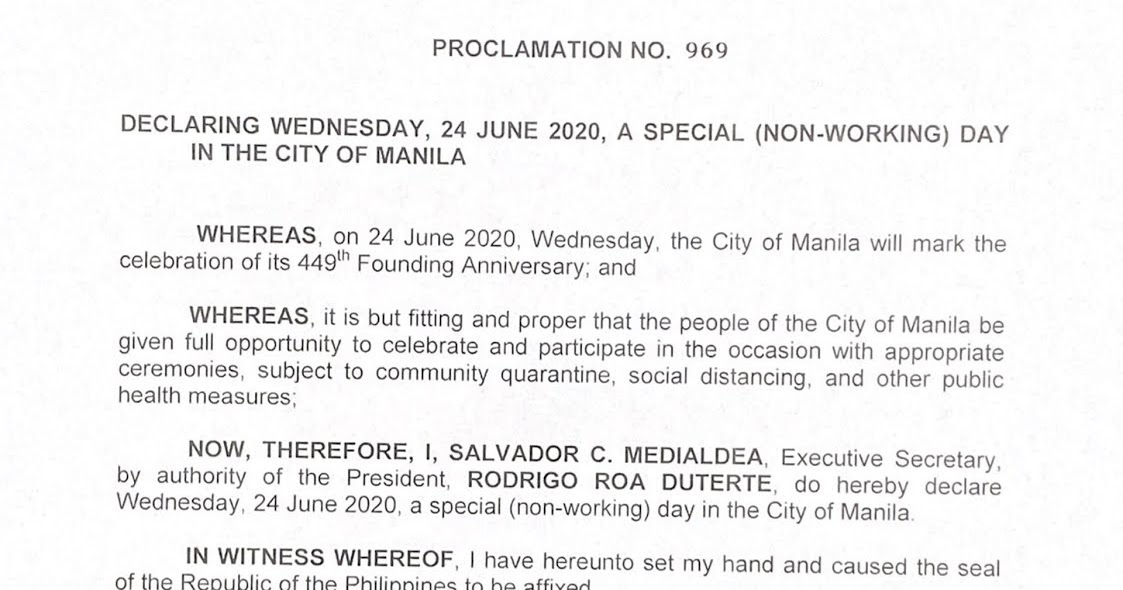 Philippine Holidays Special (NonWorking) Day in the City of Manila on