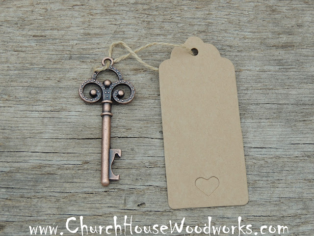 Antique Copper Skeleton Key Bottle Opener with Tags with Heart Shaped Punch-Outs for Rustic Weddings and Party Favors