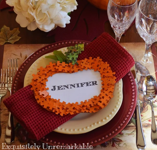 Puzzle Piece Place Card on a Thanksgiving table setting