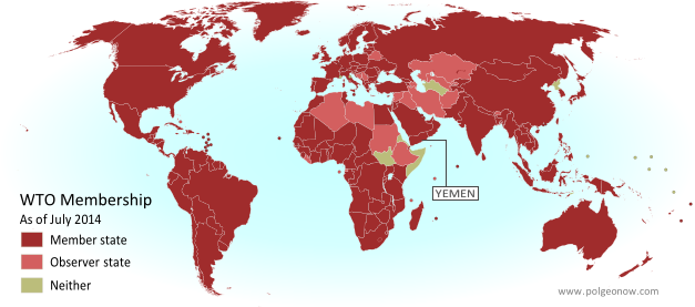 Map of World Trade Organization (WTO) member and observer countries, updated for July 2014 to include new member Yemen