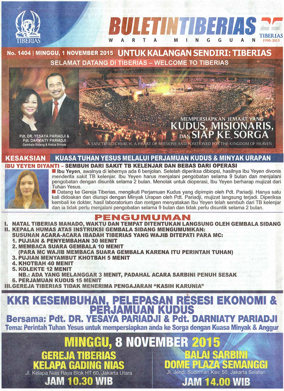 Jadwal Ibadah Gereja Tiberias Indonesia - Buletin TIberias: Jadwal