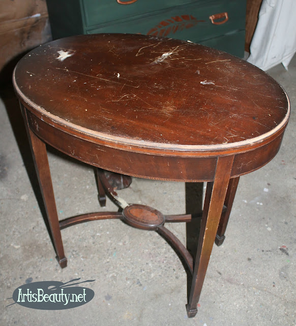 french vintage postage stamp parlor table makeover before sanding staining diy