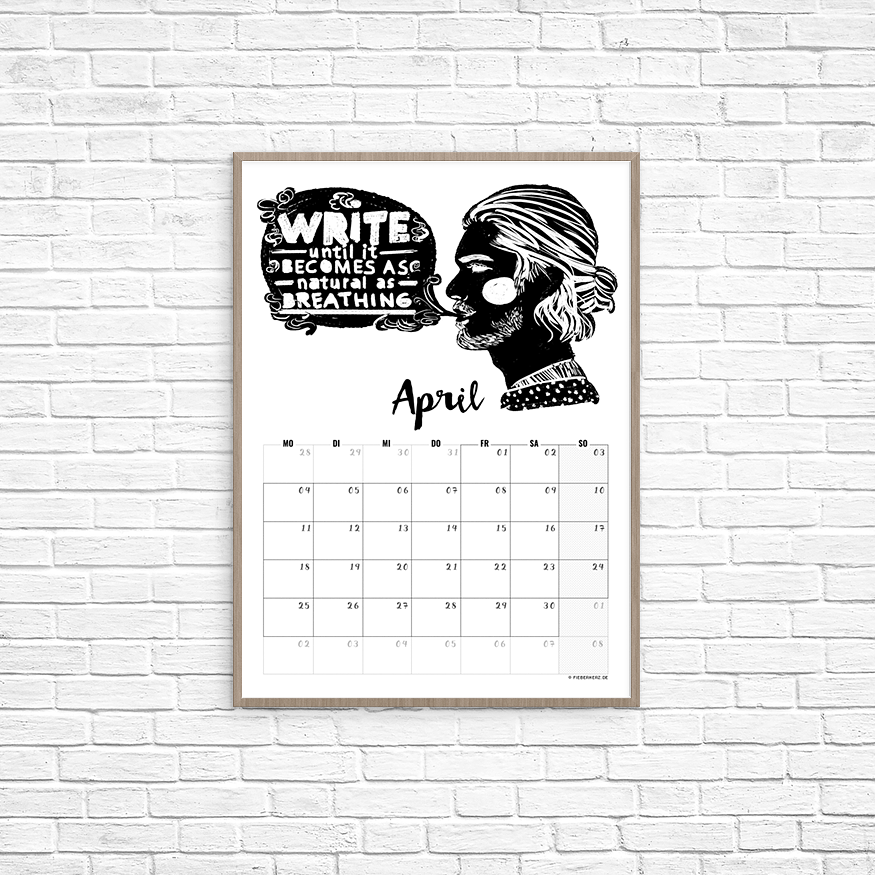 Kalenderblatt April - Schreiben wie Atmen. // Illustration/Kalendarium © fieberherz.de Kalenderblatt April - Schreiben wie Atmen. // Illustration/Kalendarium © fieberherz.de