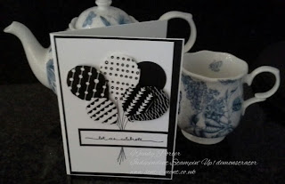 Stampin' Up! Wendy Porter, Independent Stampin Up demonstrator, Balloon Bouquet punch, Balloon Celebration, Crafty Cupcakes Design Team,  Washi tape, Black and White, birthday, card,  
