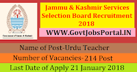 Jammu & Kashmir Services Selection Board Recruitment 2018 – 214 Urdu Teacher