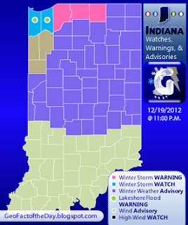 Winter weather warnings and advisories for Indiana on December 20, 2012