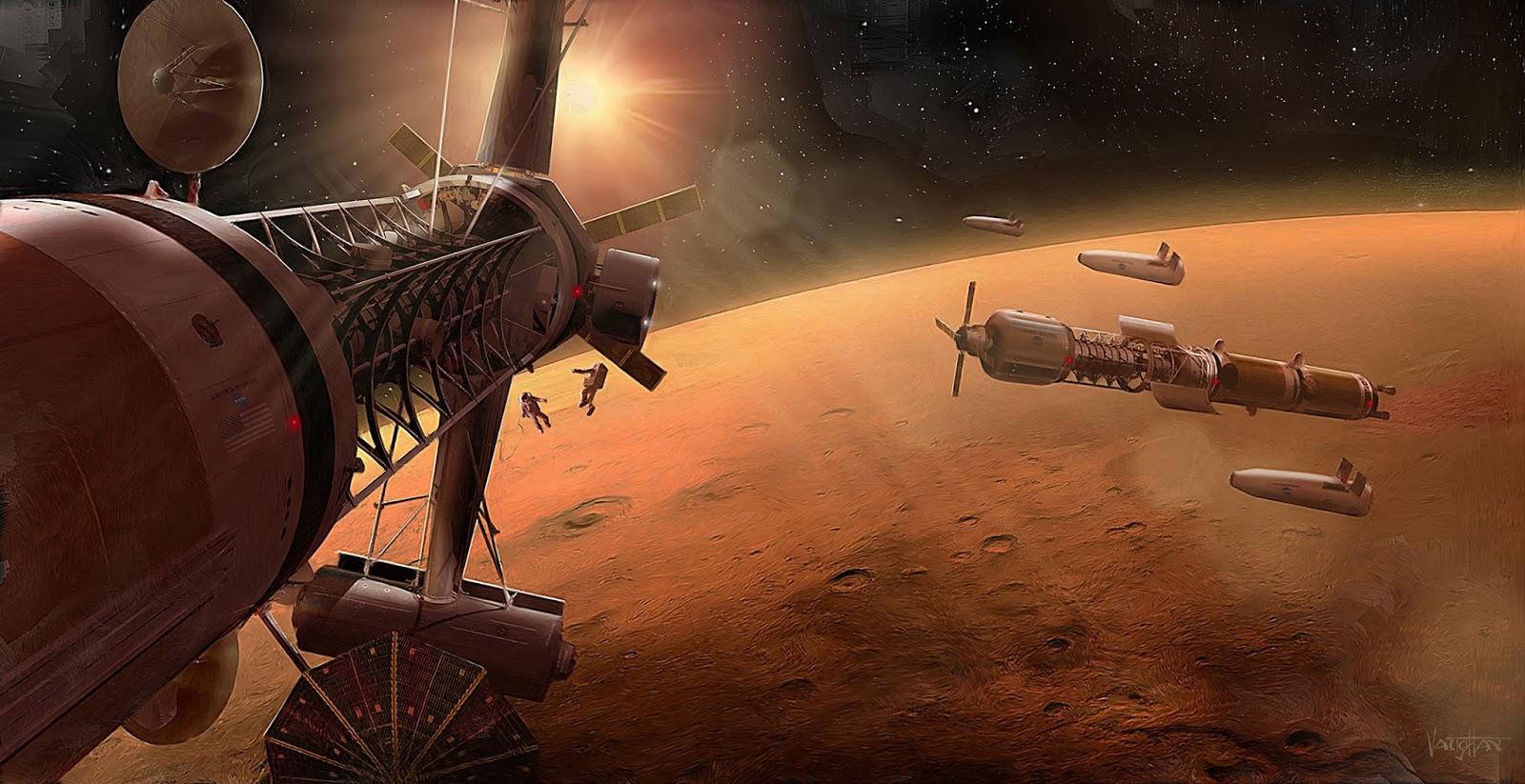 Spaceships in Mars orbit by James Vaughan human Mars
