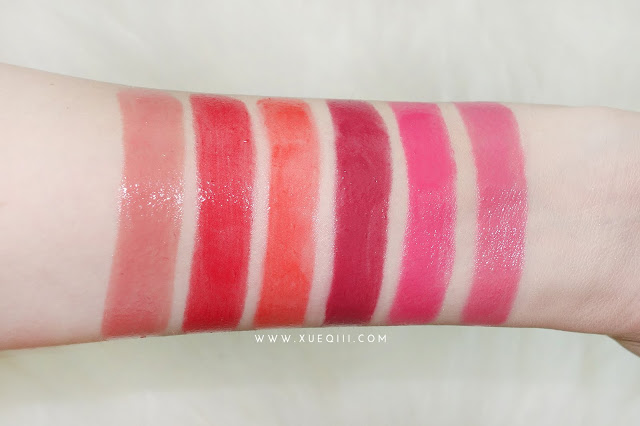 L'Oreal Shine Caresse CC Genius Balm Swatches - Daydream Beige, Fearless Red, Runway Orange, Drama Burgundy, Statement Pink, Ispahan Rose