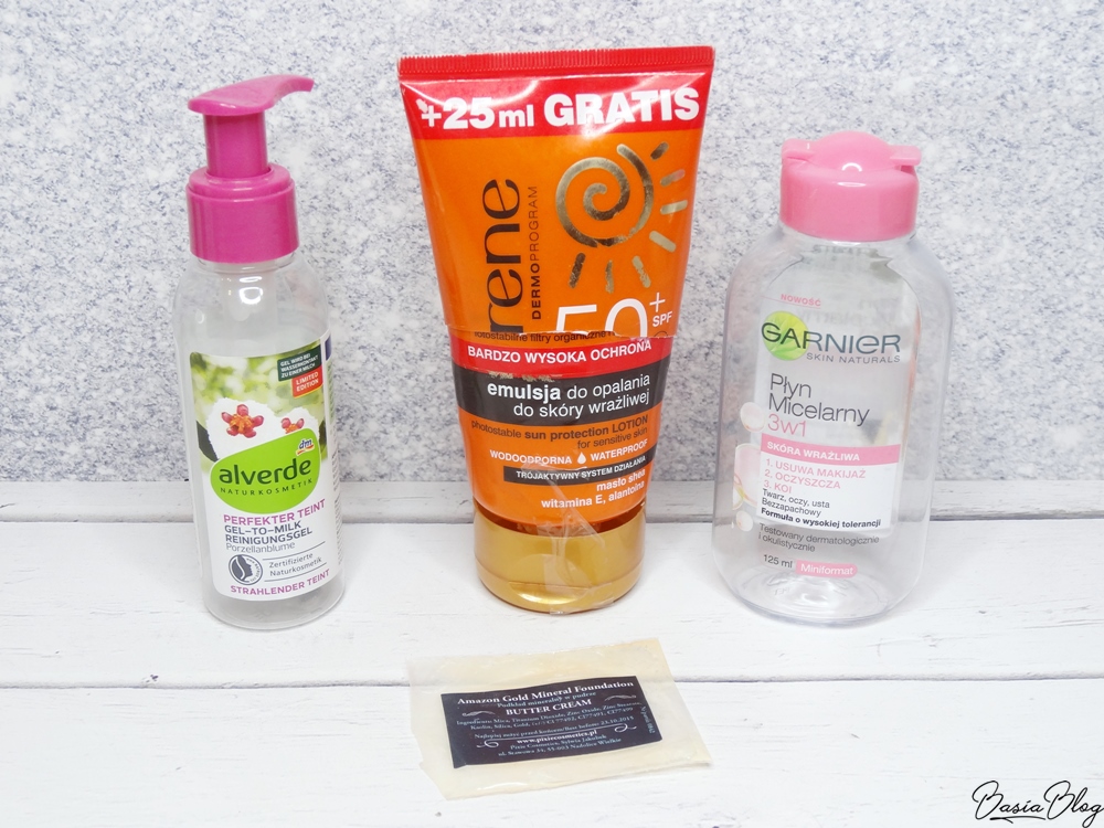 Żel-mleczko Alverde, emulsja Lirene SPF50, Płyn micelarny Garnier, Próbka podkładu Pixie Butter Cream