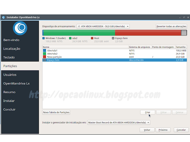 Criar uma nova partição utilizando o espaço livre Criar uma nova partição utilizando o espaço livre