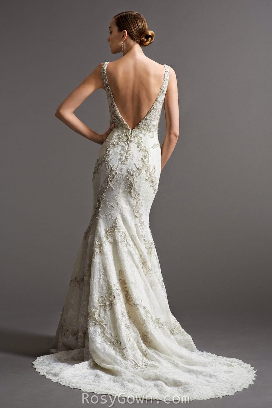 Dramatic Embroidered Sleeveless V-neck Fit and Flare Ivory Bridal Gown-2