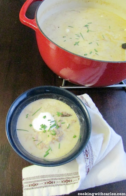 Turn your leftover pulled pork into something completely different! This soup has the flavor of enchiladas in a hearty and easy package. Dinner is served and it's delicious! dutch oven filled with enchilada verde soup with a bowl of soup
