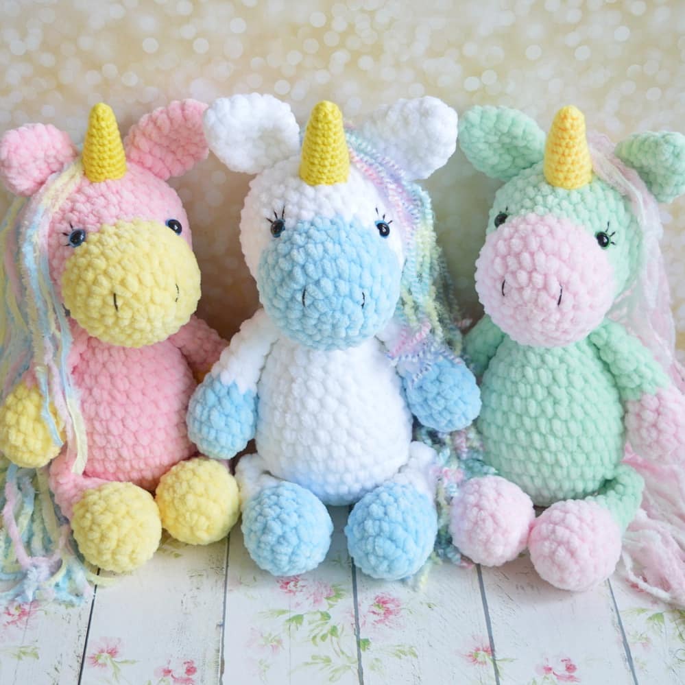 Stuffed plush white unicorn Knitted magic animal Plush crochet unicorn toy