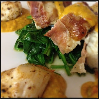 prosciutto monkfish wrapped scallops spinach wilted basil tomato sauce