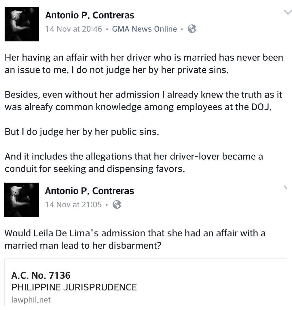 Antonio Contreras: De Lima's admission of affair may lead to disbarment
