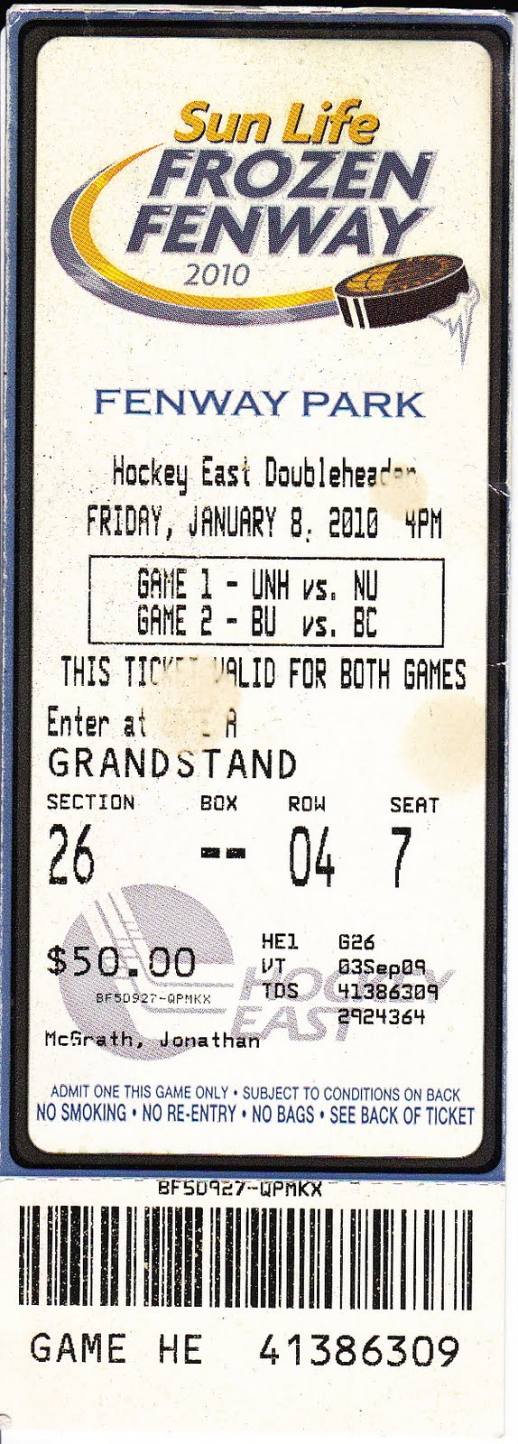 My Life Scanned Frozen Fenway Ticket (1/8/10)