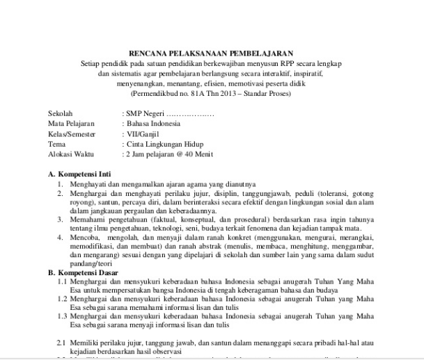 Rpp Kurikulum 2013 Smp Revisi 2016 Bahasa Indonesia Kelas 7 Semester 2