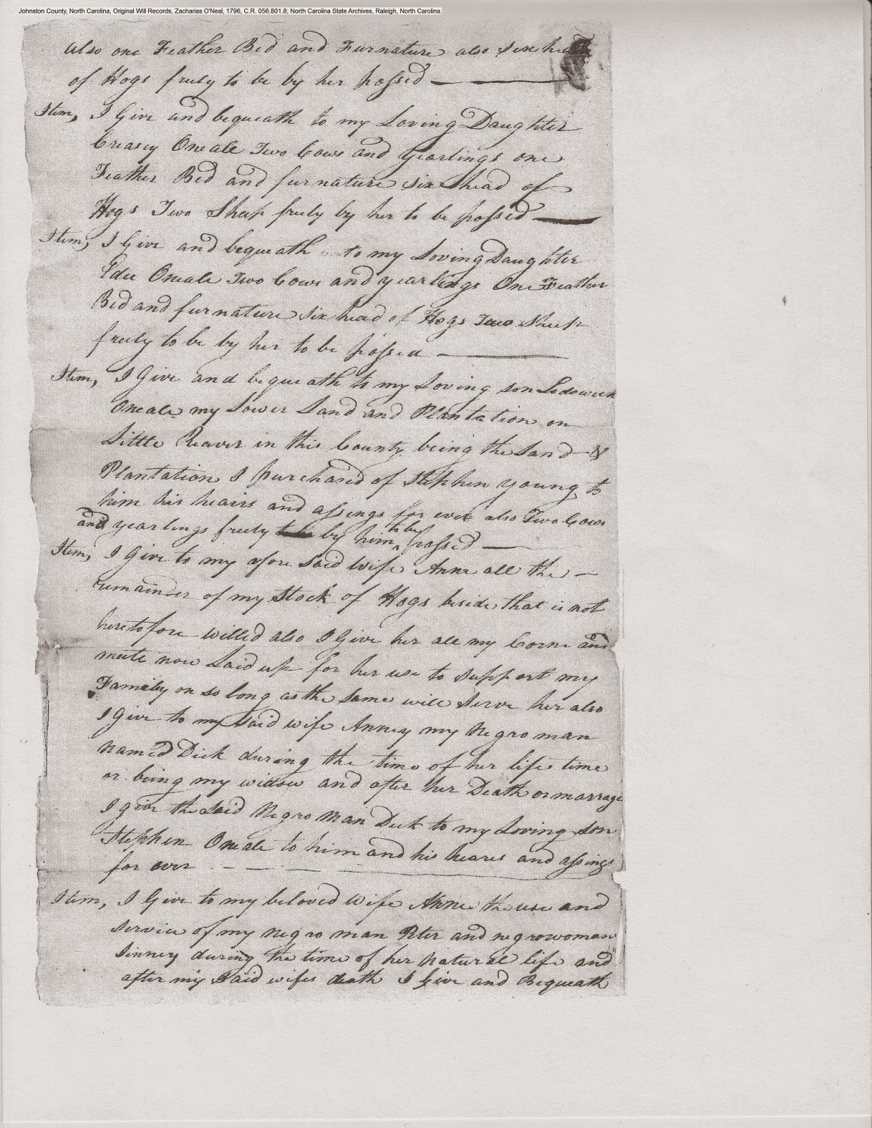 Zachariah O'Neal's will, Johnston Co., NC, 1796, p. 2
