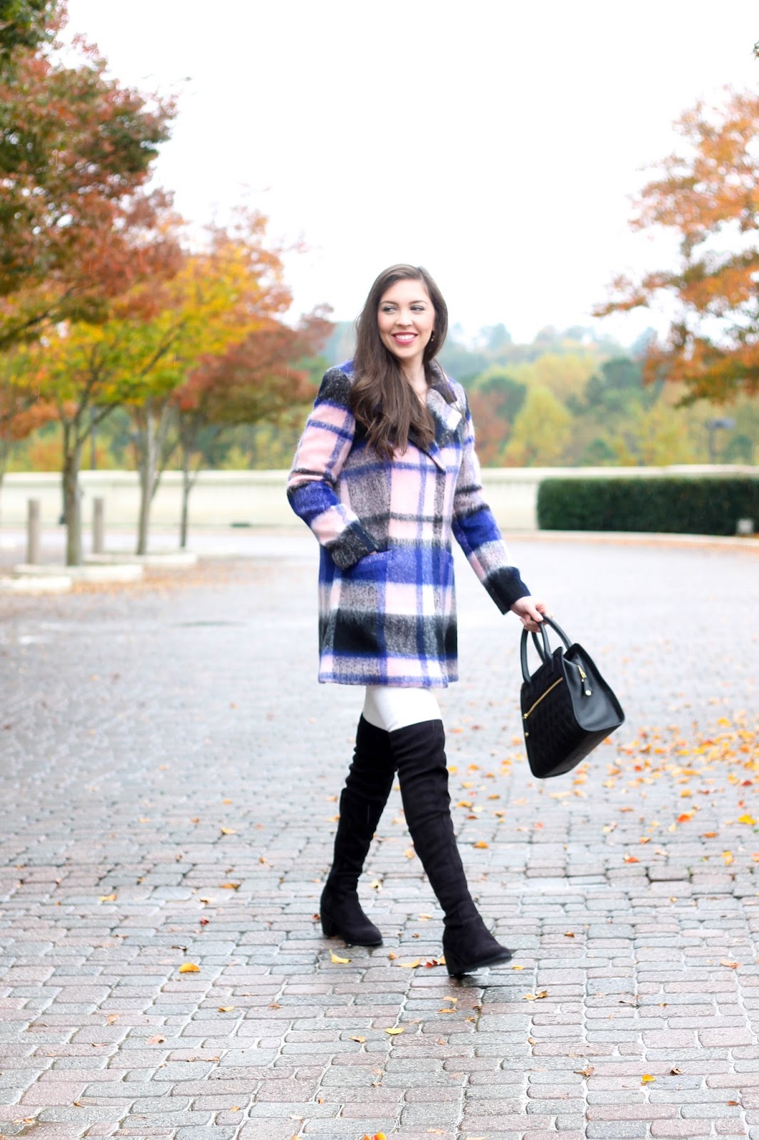 Plaid Coat by Elle at Kohls, fall trends, winter plaid coat with white denim, white denim in the fall, over the knee boots, OTK boots, forever 21 over the knee boots, forever21 OTK faux suede boots, pretty in the pines blog, shelby vanhoy