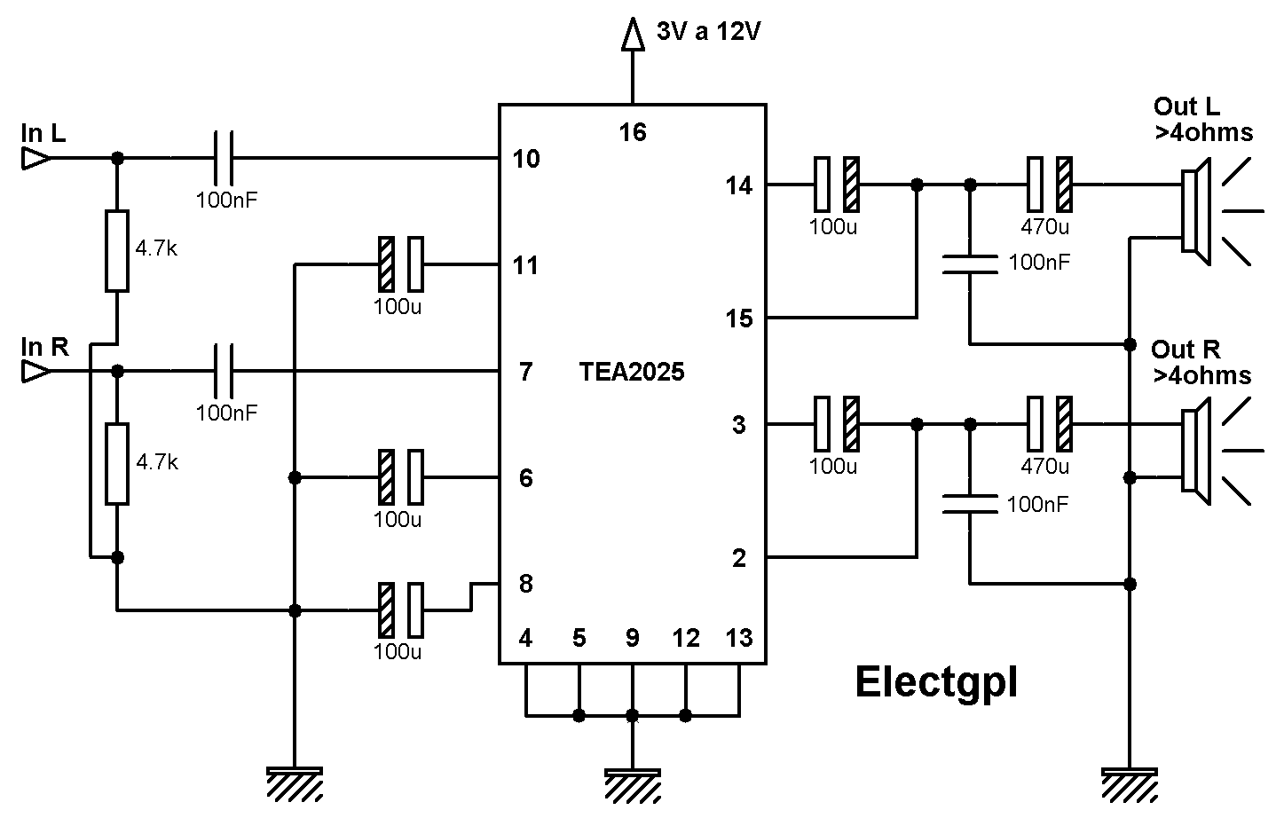 Electgpl Electrónica Amplificador TEA2025 de 3V a 12V hasta 2,5W por canal