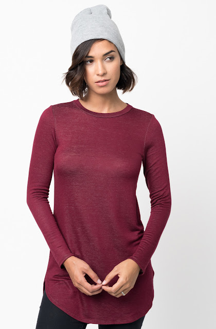 Shop for Burdgundy Crew Neck Terry Long Sleeved Tunic New Colors $42 on caralase.com