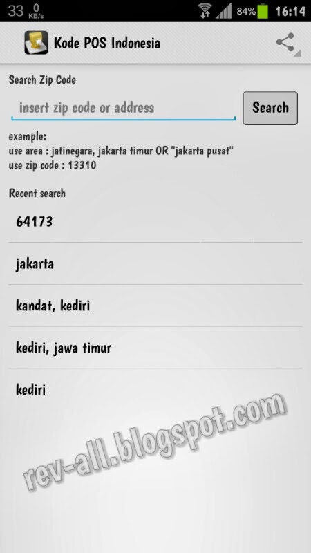 Tampilan utama/ pencarian aplikasi Kode Pos Indonesia (rev-all.blogspot.com)