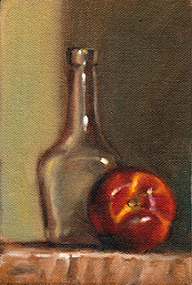Oil painting of a small, long-necked glass bottle beside a nectarine.